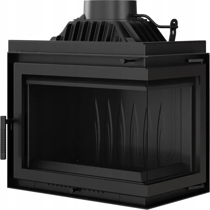 Kratki Simple M 10 kW Rechts Set 2, moderne zwarte houtkachel met glazen zijpaneel.