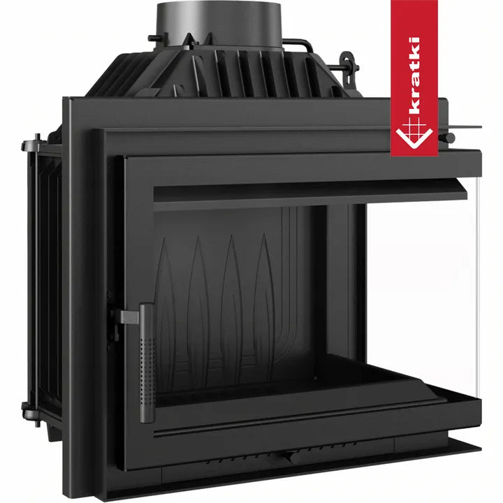 Kratki Simple M 10 kW Rechts Set 2, moderne zwarte houtkachel met glazen zijpaneel.