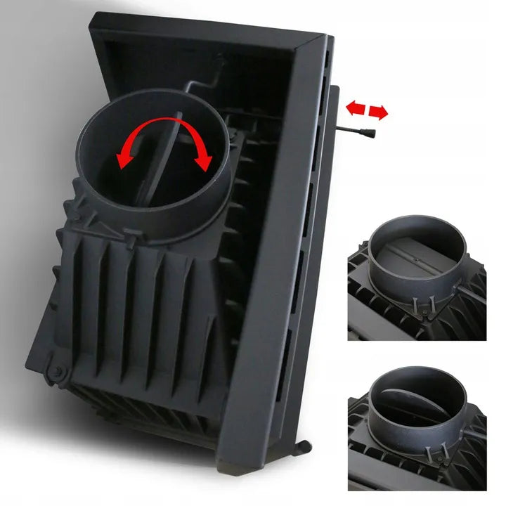Kratki Simple M 10 kW Rechts Set 2, zwart metalen kachelonderdeel met pijp en verstelbare ventilatie.