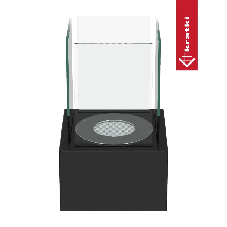 Kratki Tango1 tafelhaard met glazen panelen en zwart metalen basis.