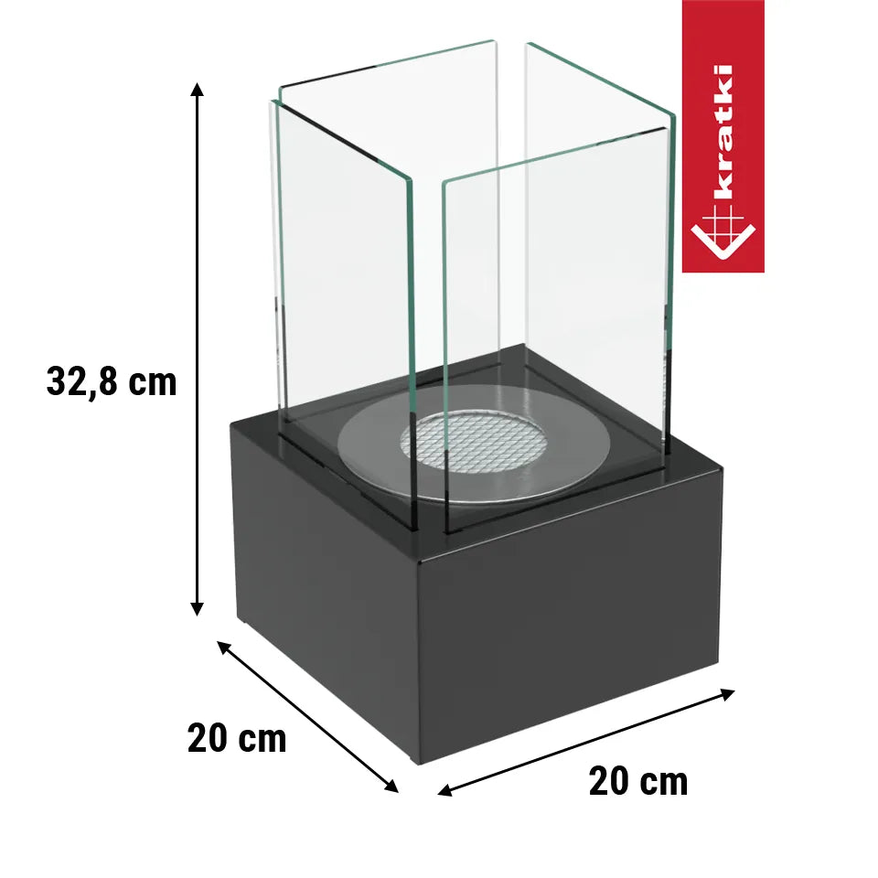 Kratki Tango1 bio-ethanol tafelhaard met afmetingen 32,8 cm hoog en 20 cm breed.