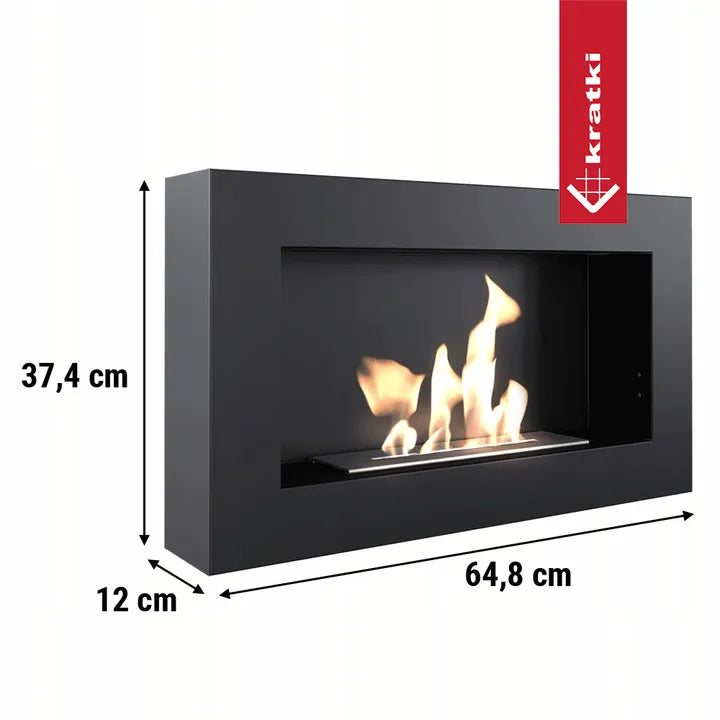 Kratki Golf TÜV, zwarte bio-ethanol haard met afmetingen: 37,4 cm hoog, 64,8 cm breed, 12 cm diep.