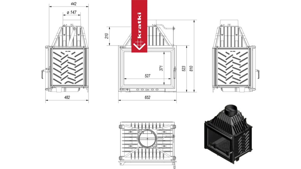 Technische tekening en afbeelding van Kratki Zuzia houtkachel met afmetingen en details.