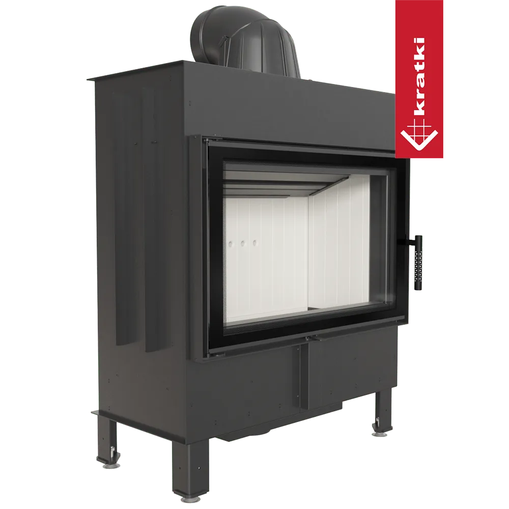 Zwarte Kratki Lucy 14 kW houtkachel met glazen deur en witte binnenkant.