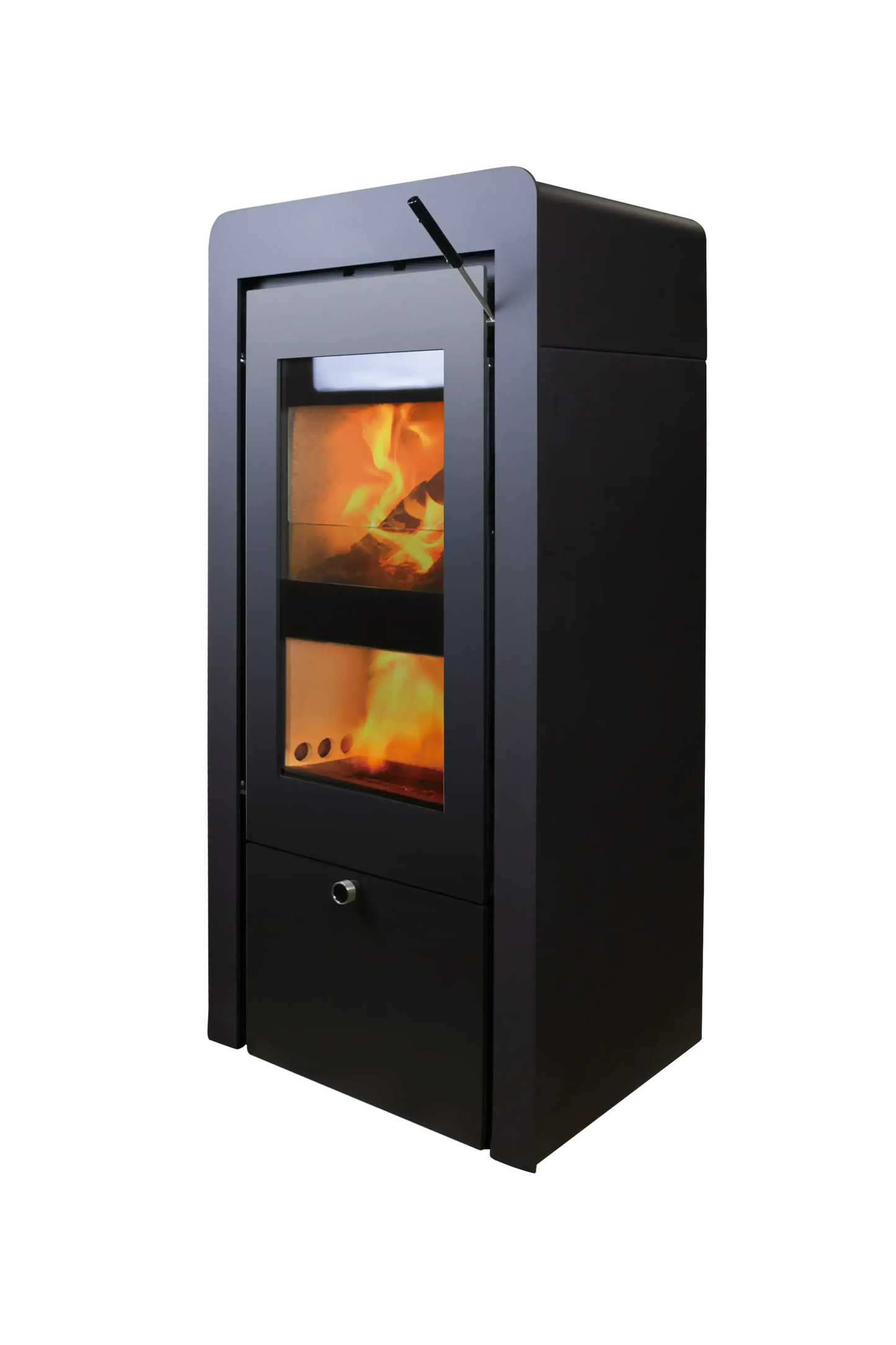 Xeoos Aqua x8 houtkachel met een modern, zwart ontwerp en een groot glazen venster.