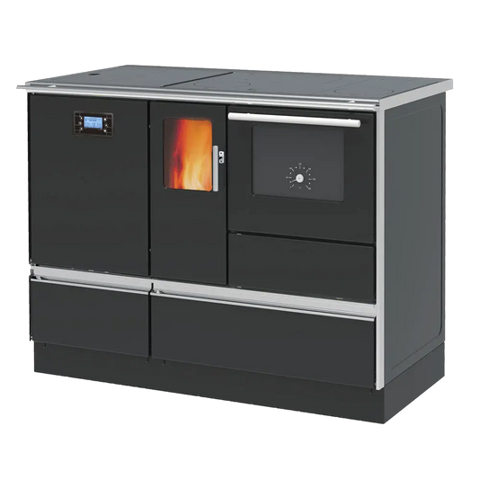 Alfa Plam Alfaterm 20 Pellet kachel met zwart design en zichtbaar vuurvenster