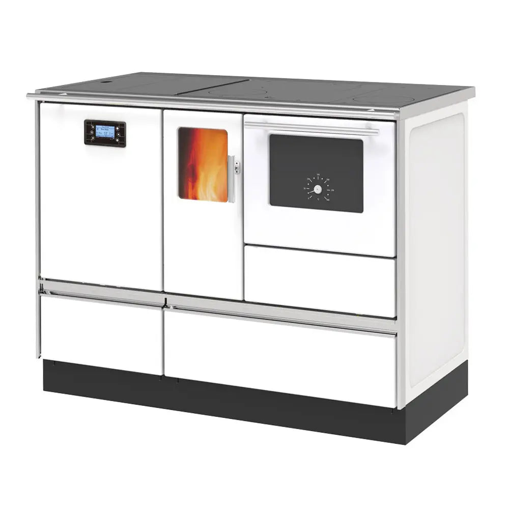 Alfa Plam Alfaterm 20 Pellet fornuis met witte afwerking en ingebouwde oven.