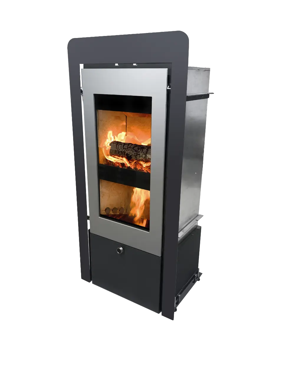 Xeoos Aqua x8 houtkachel met glazen deur, brandend hout zichtbaar binnenin.