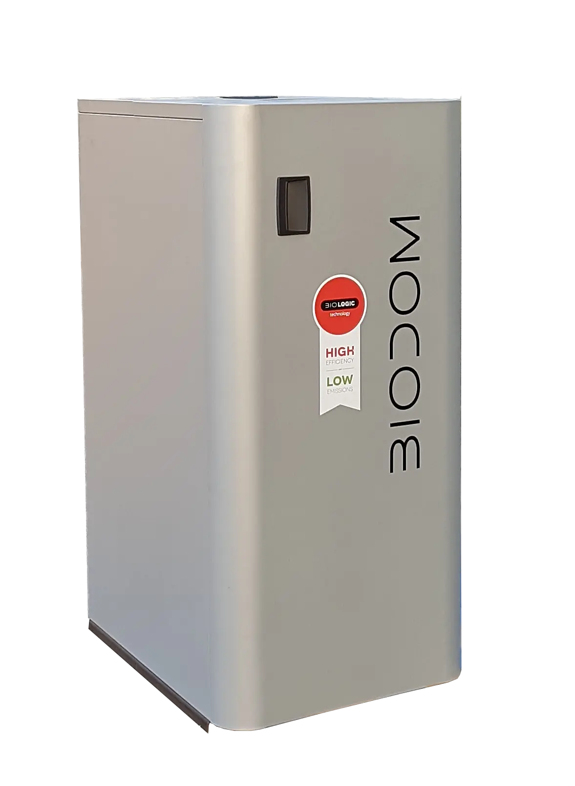 Grijze Biodom C15 Compact ketel met Biologic technologie en hoge efficiëntie, lage emissies label.