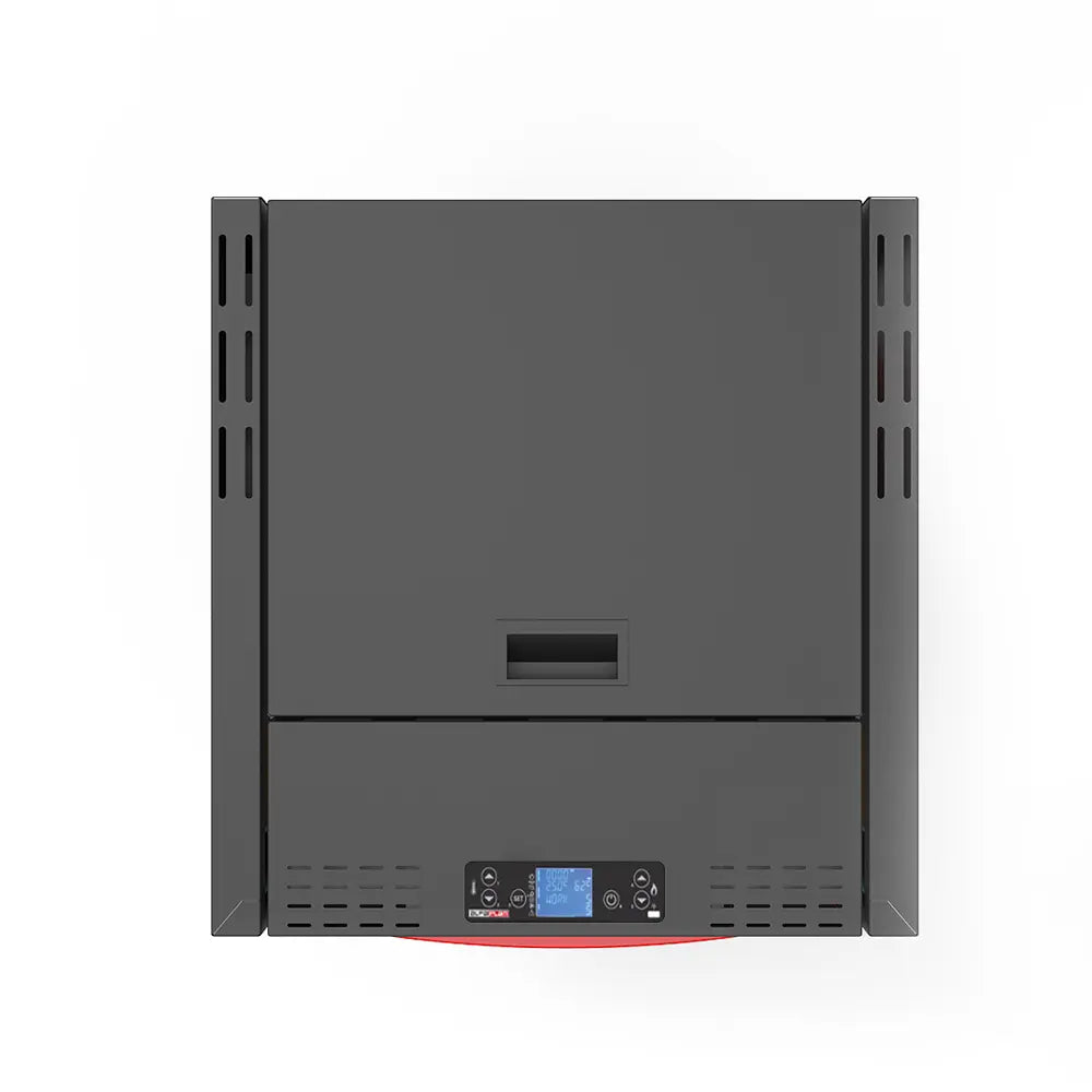 Alfa Plam Commo Compact 15, een zwarte, rechthoekige kachel met een digitaal bedieningspaneel.