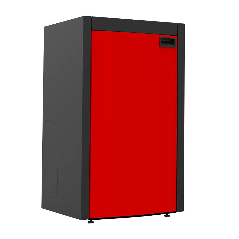 Alfa Plam Commo Compact 15, een rechthoekige kachel met een rode deur en zwarte randen.
