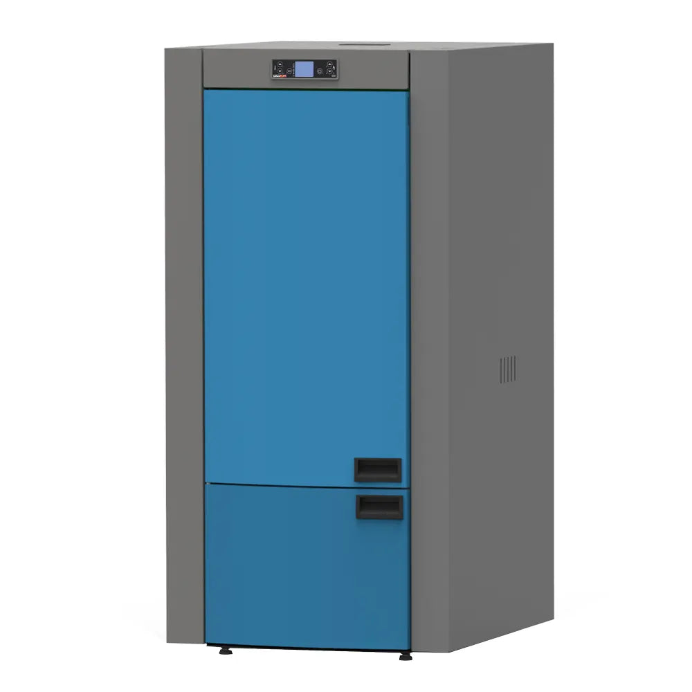 Grijze en blauwe Alfa Plam Commo Compact 23 Plus verwarmingsketel met digitaal display.