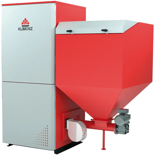 Klimosz Duo Industrial NG 150 Retort ketel met rode bunker op witte achtergrond