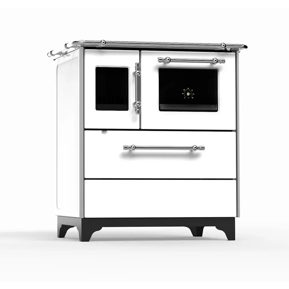 Witte Alfa Plam Donna 70 houtkachel met oven en metalen handgrepen.