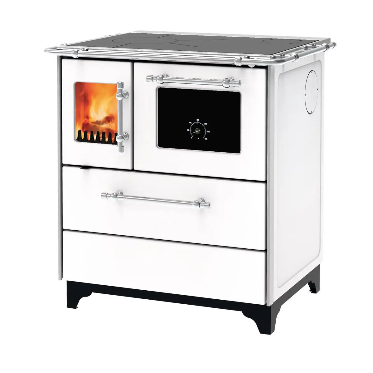 Witte Alfa Plam Donna 70 houtkachel met oven en zichtbare vlammen in het brandercompartiment.