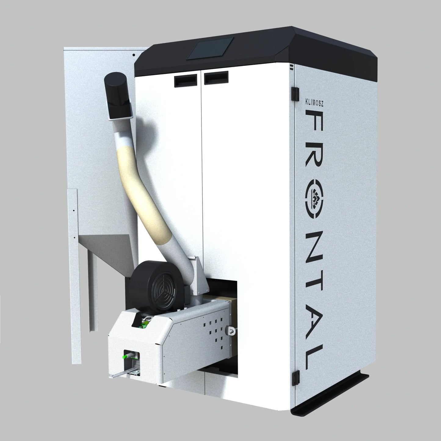 Wit en zwart verwarmingssysteem met buizen en ventilator, Klimosz Frontal 20.