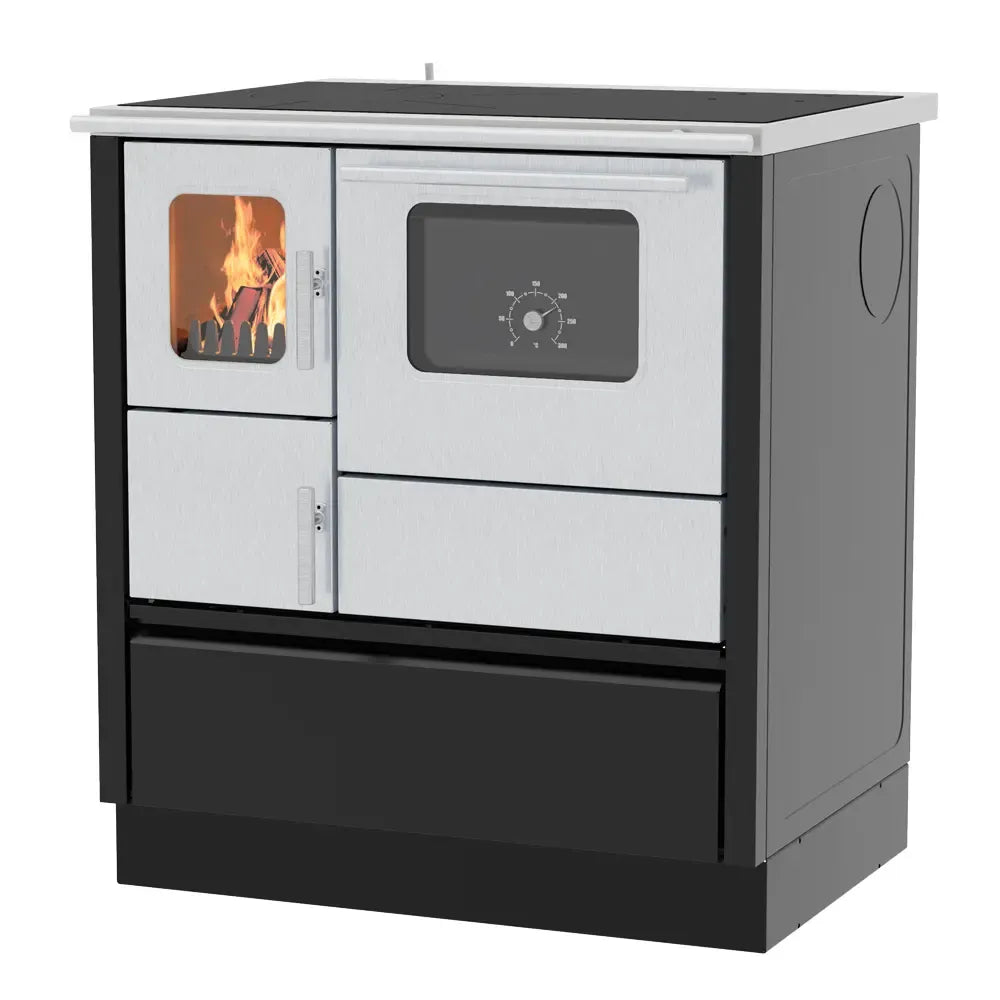 Alfa Plam Inox 75 houtkachel met oven en glazen deur, zwart en zilver ontwerp.