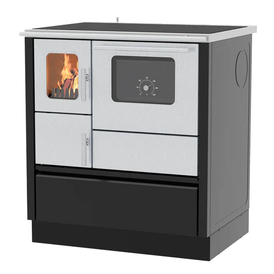 Alfa Plam Inox 75 houtkachel met zicht op vlammen