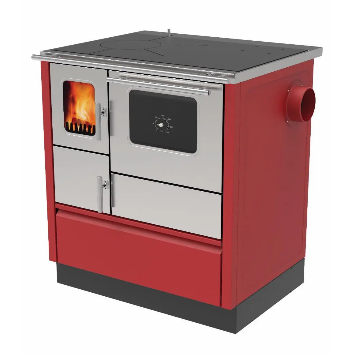 Rode en zilveren Alfa Plam Inox 75 houtkachel met oven en zichtbare vlammen.