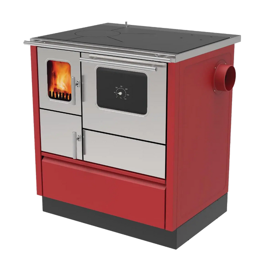 Alfa Plam Inox 75 houtkachel met rood en zilverkleurig front