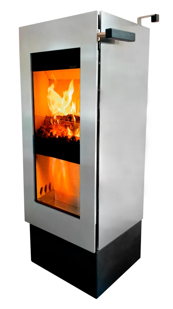Xeoos Basic Eco Green x8 Blue, moderne houtkachel met dubbele verbrandingskamer en glazen deur.