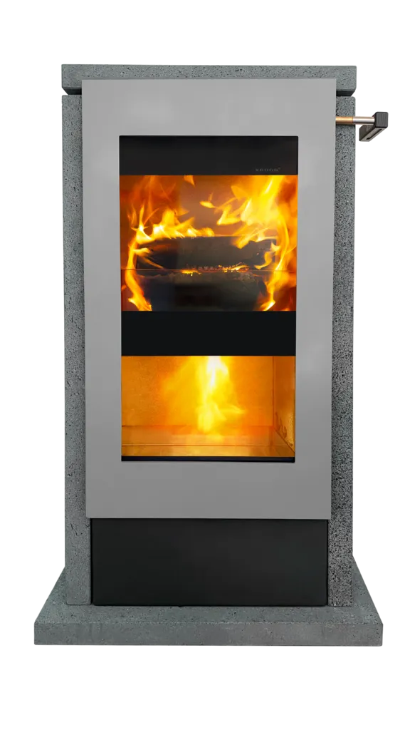 Xeoos Basic Eco Green x8 Blue houtkachel met dubbele verbrandingskamer en grijze omkasting.
