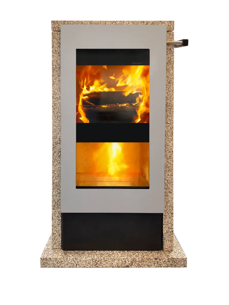 Xeoos Basic Eco Green x8 Blue houtkachel met dubbele verbrandingskamer en moderne, strakke afwerking.