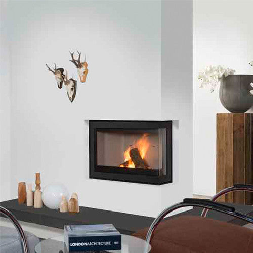Wanders S75 hoek ingebouwd in witte woonkamerwand met brandend vuur
