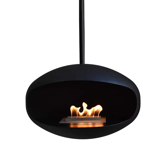 Cocoon Fires Aeris zwart hanghaard met vlammen op witte achtergrond