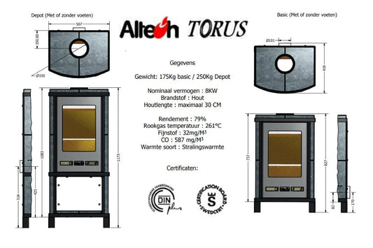 Technische tekening en specificaties van de houtkachel Altech Torus Basis.