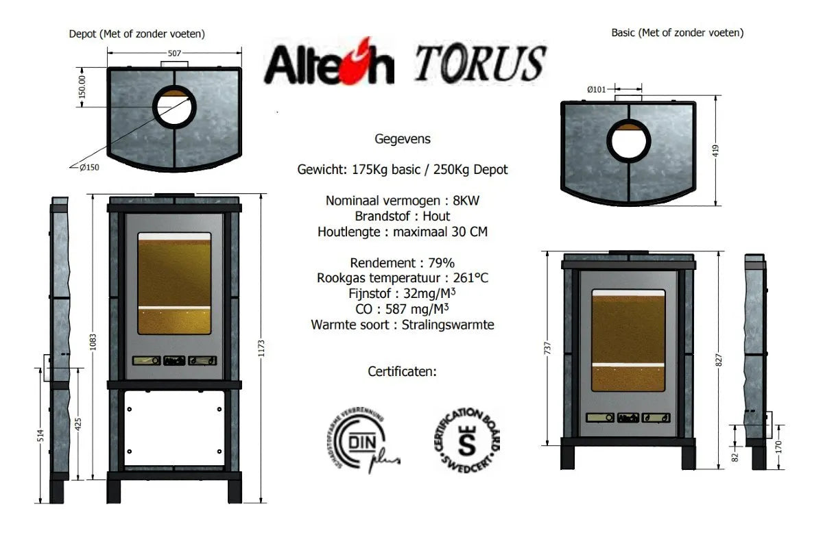 Technische tekening en specificaties van de houtkachel Altech Torus Depot.
