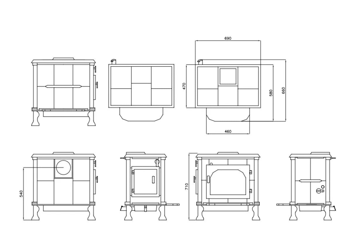 Technische tekening van de Altech Vision basis houtkachel met afmetingen en verschillende aanzichten.