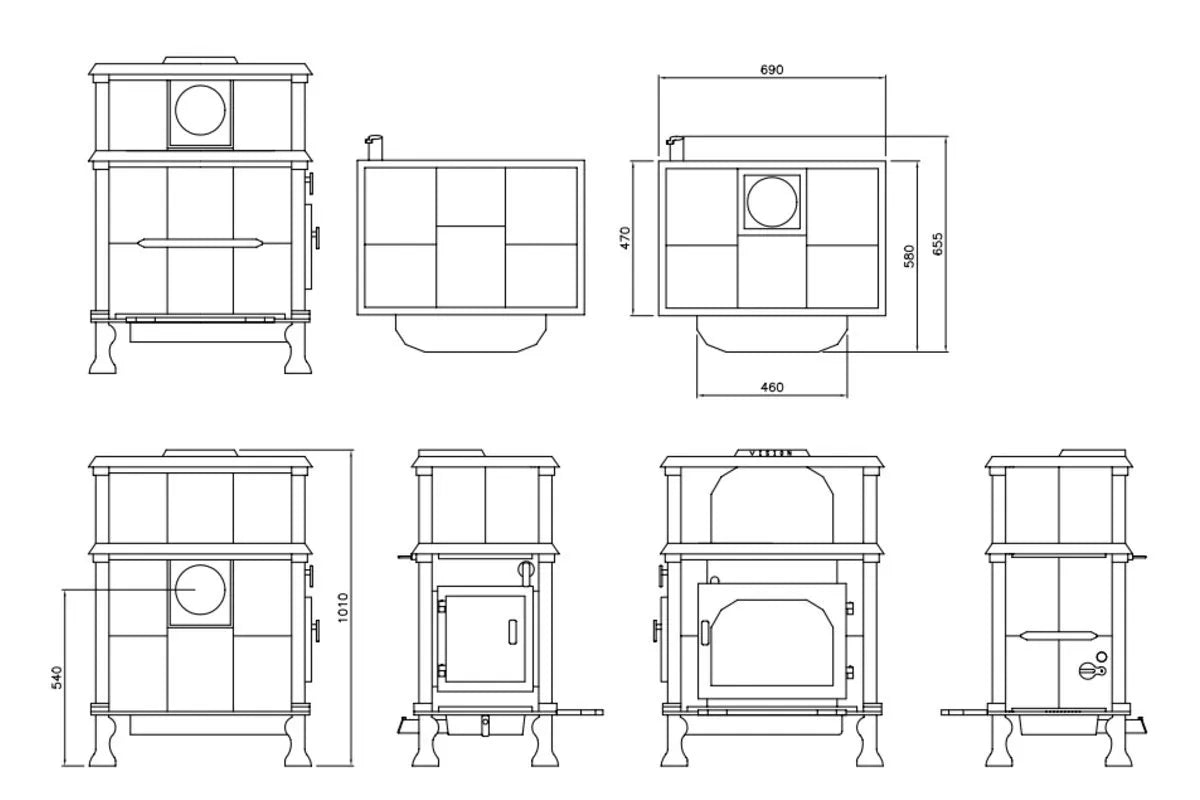 Technische tekening van de Altech Vision Cook houtkachel met afmetingen en verschillende aanzichten.