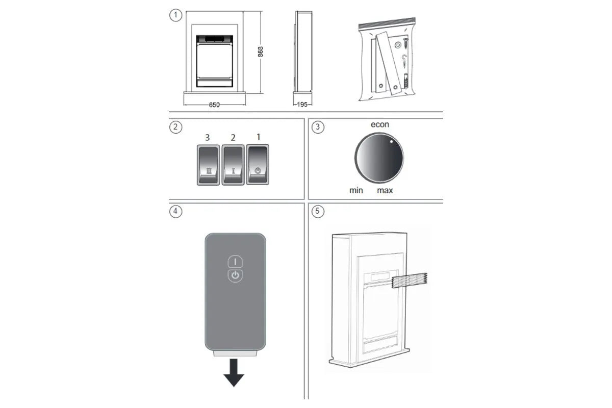 Dimplex Bellini elektrische haard met bedieningsknoppen, thermostaat, afstandsbediening en afmetingen.