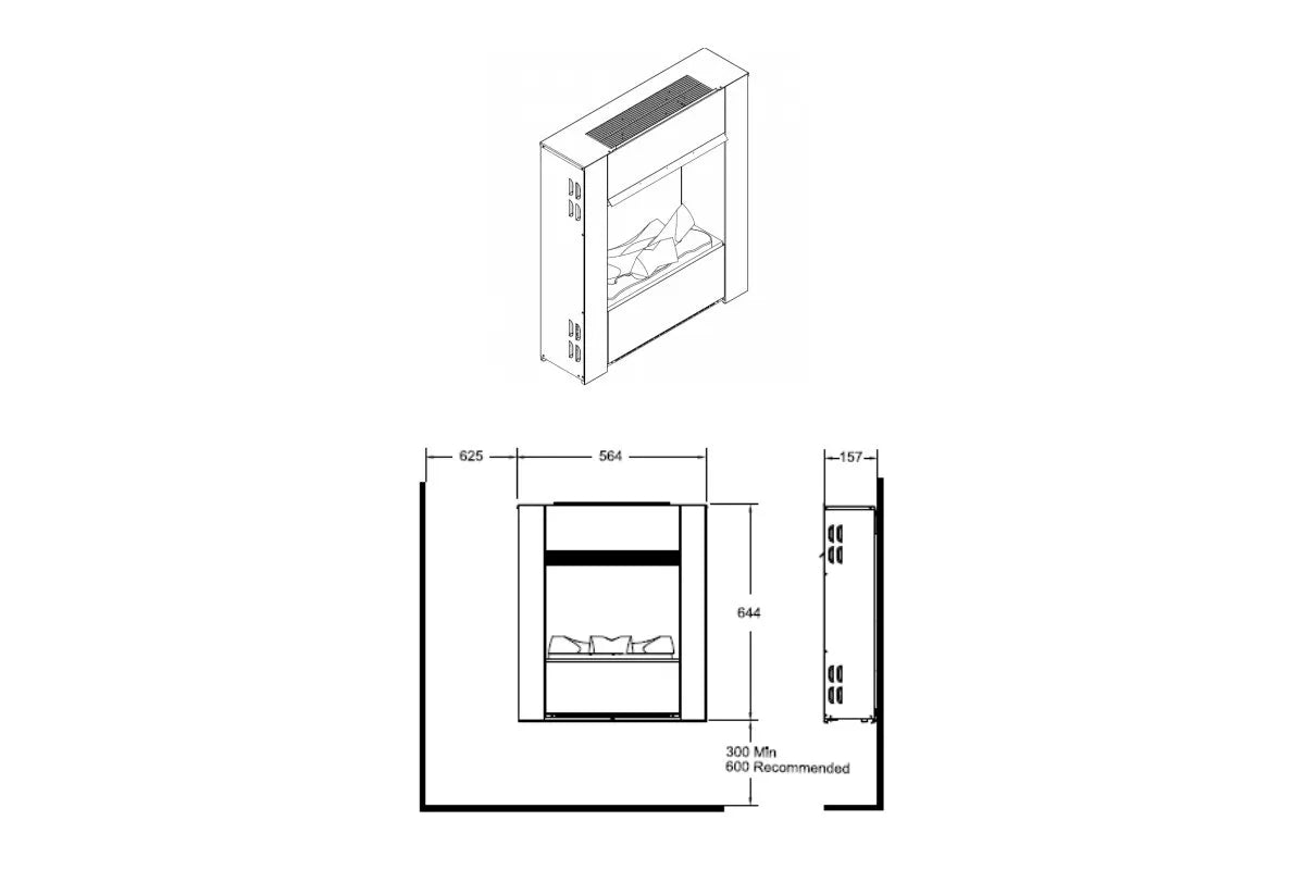 Technische tekening van Dimplex Wall Fire Engine S elektrische haard met afmetingen en zijaanzicht.