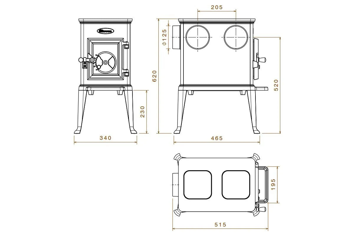 Technische tekening van de Dovre 100CBS/B houtkachel met afmetingen in millimeters.