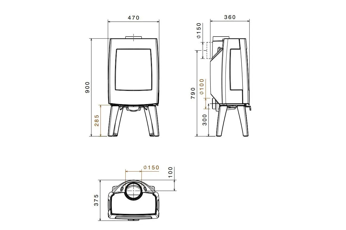 Technische tekening van Dovre Sense 103 houtkachel met afmetingen en zijaanzichten.