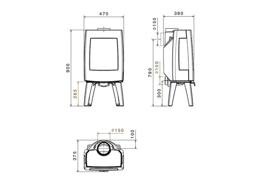 Technische tekening van Dovre Sense 103 houtkachel met afmetingen en zijaanzichten.