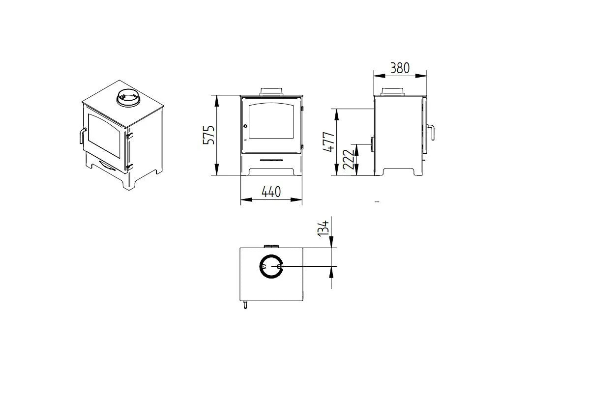 Technische tekening van Jydepejsen Country 575 houtkachel met afmetingen in millimeters.