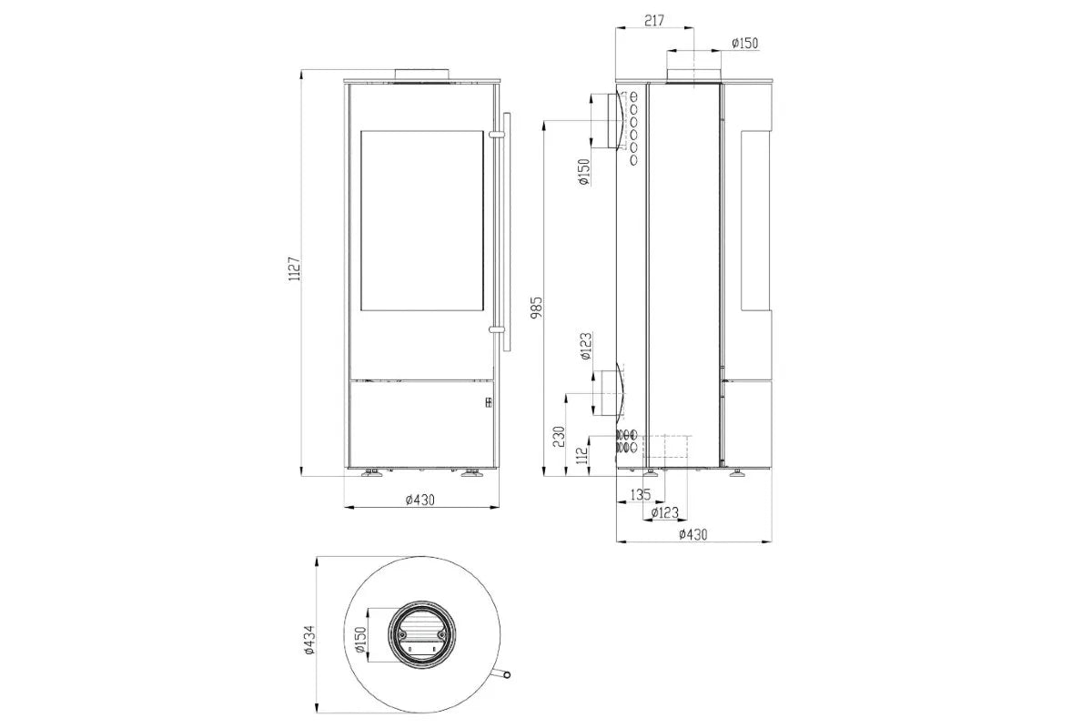 Technische tekening van de Olsberg Tipas Compact II houtkachel met afmetingen en doorsnede.