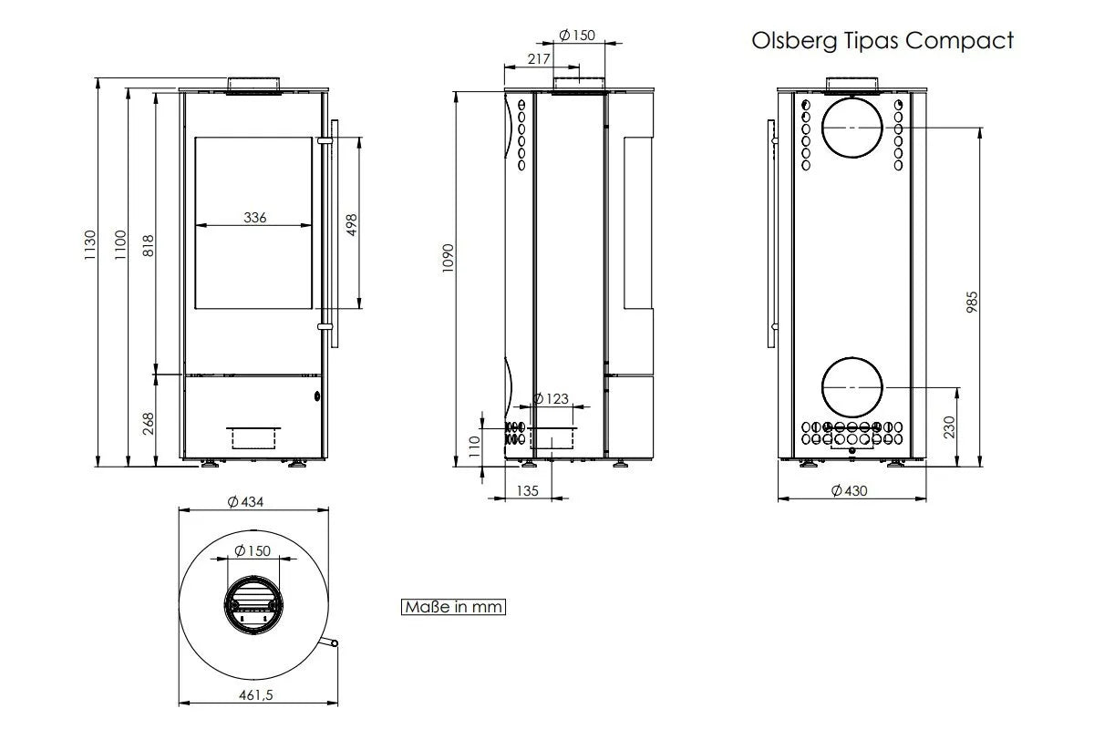 Technische tekening van Olsberg Tipas Compact III met gedetailleerde afmetingen in millimeters.