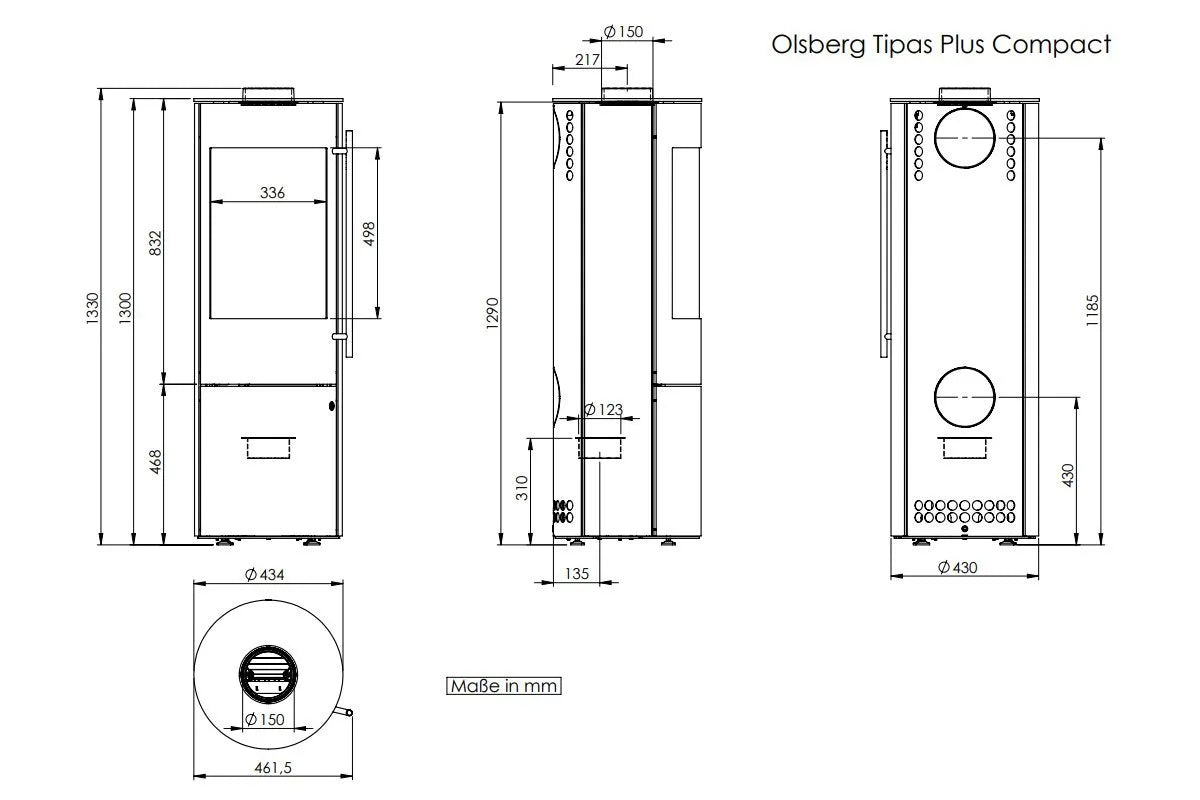 Technische tekening van Olsberg Tipas Plus Compact met gedetailleerde afmetingen in millimeters.