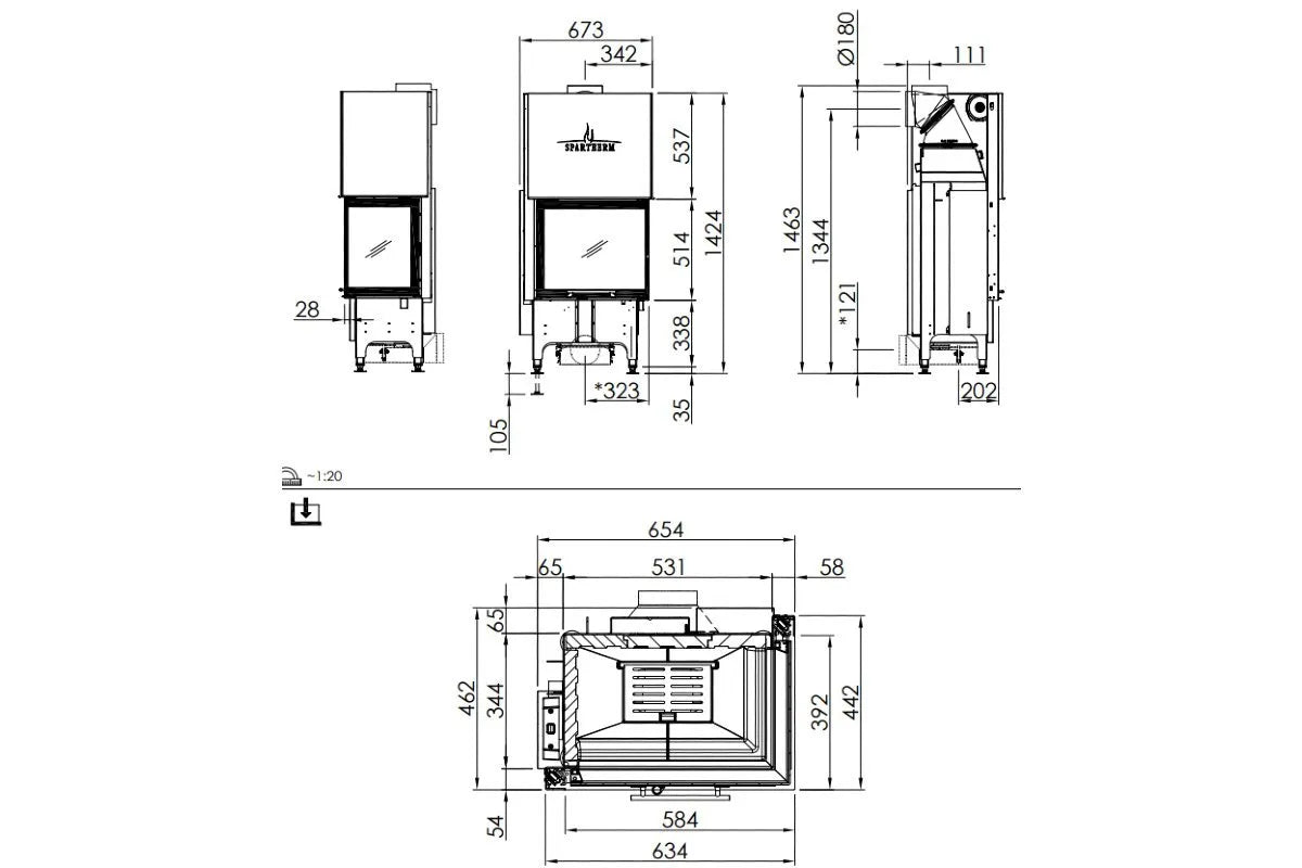 Technische tekening van Spartherm Linear Corner 58x39x51 (vaste greep) met gedetailleerde afmetingen.