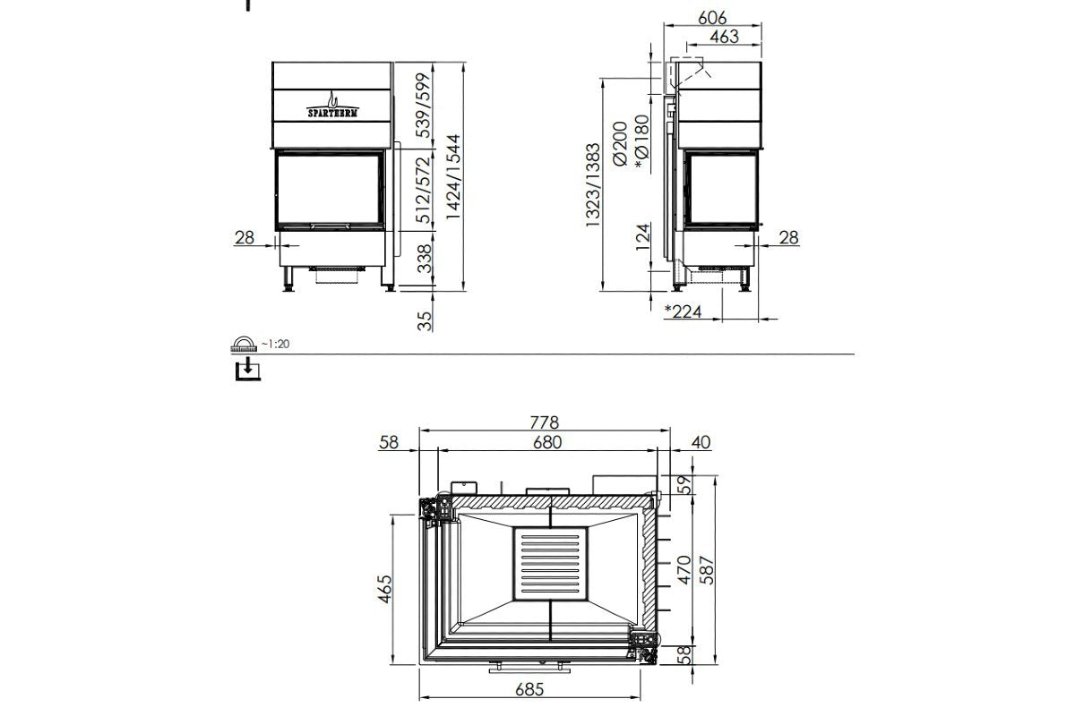 Spartherm Linear Corner 68x46x57 technische tekening met maatvoering