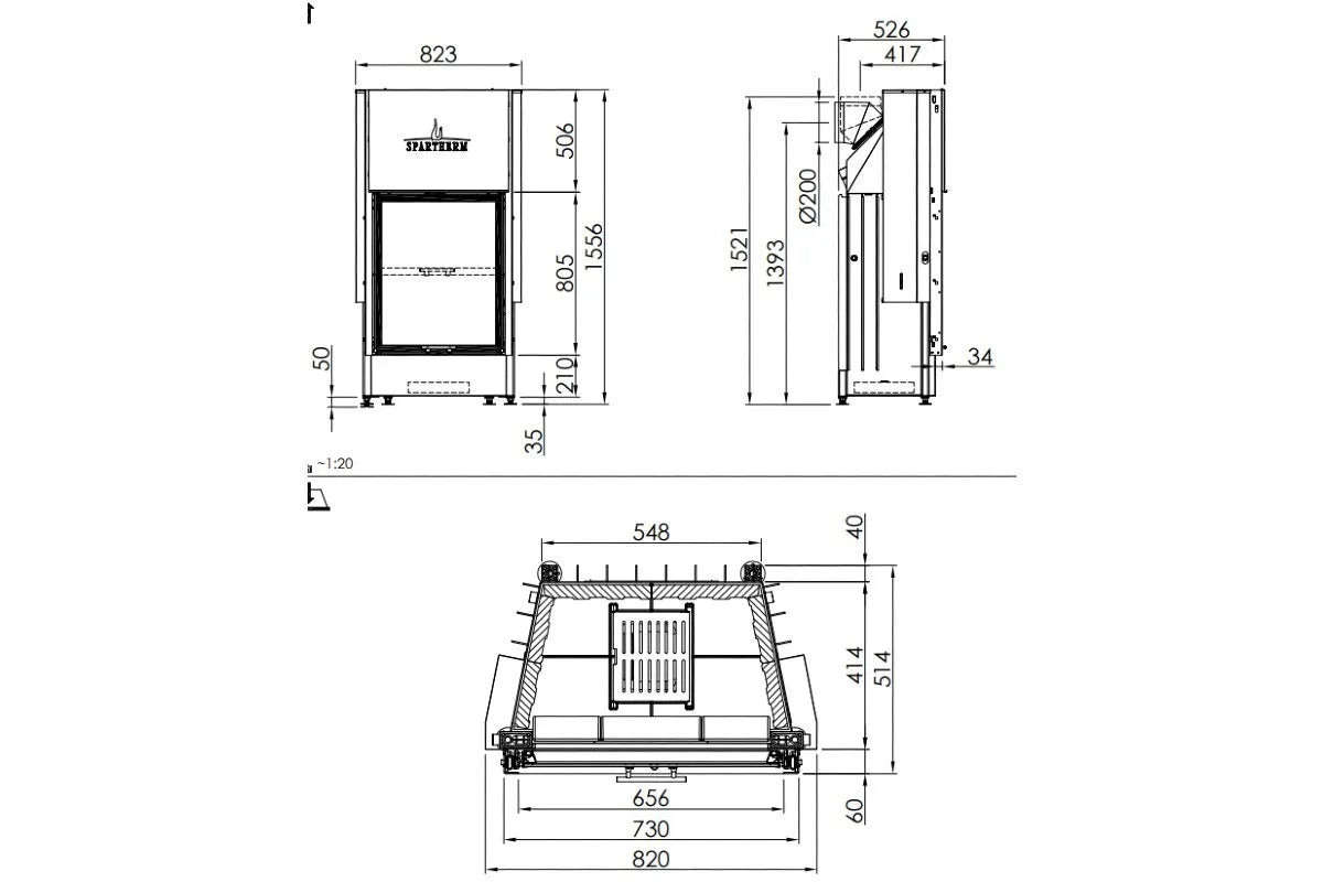 Technische tekening van Spartherm Linear Front 65x80 (vaste greep) met gedetailleerde afmetingen.