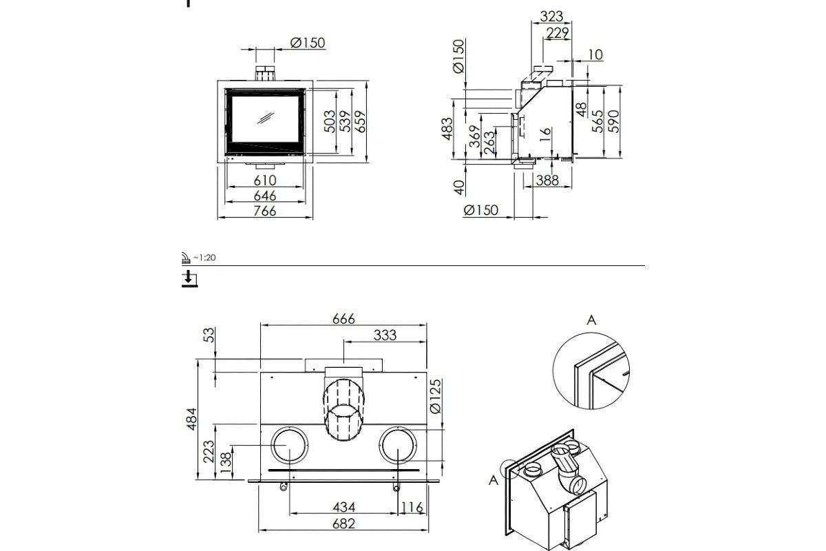 Technische tekening van Spartherm Swing Inzet 61x50 (vaste greep) met gedetailleerde afmetingen.