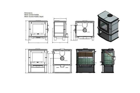 Technische tekeningen en 3D-weergave van de Altech Grande Nobles Depot houtkachel.
