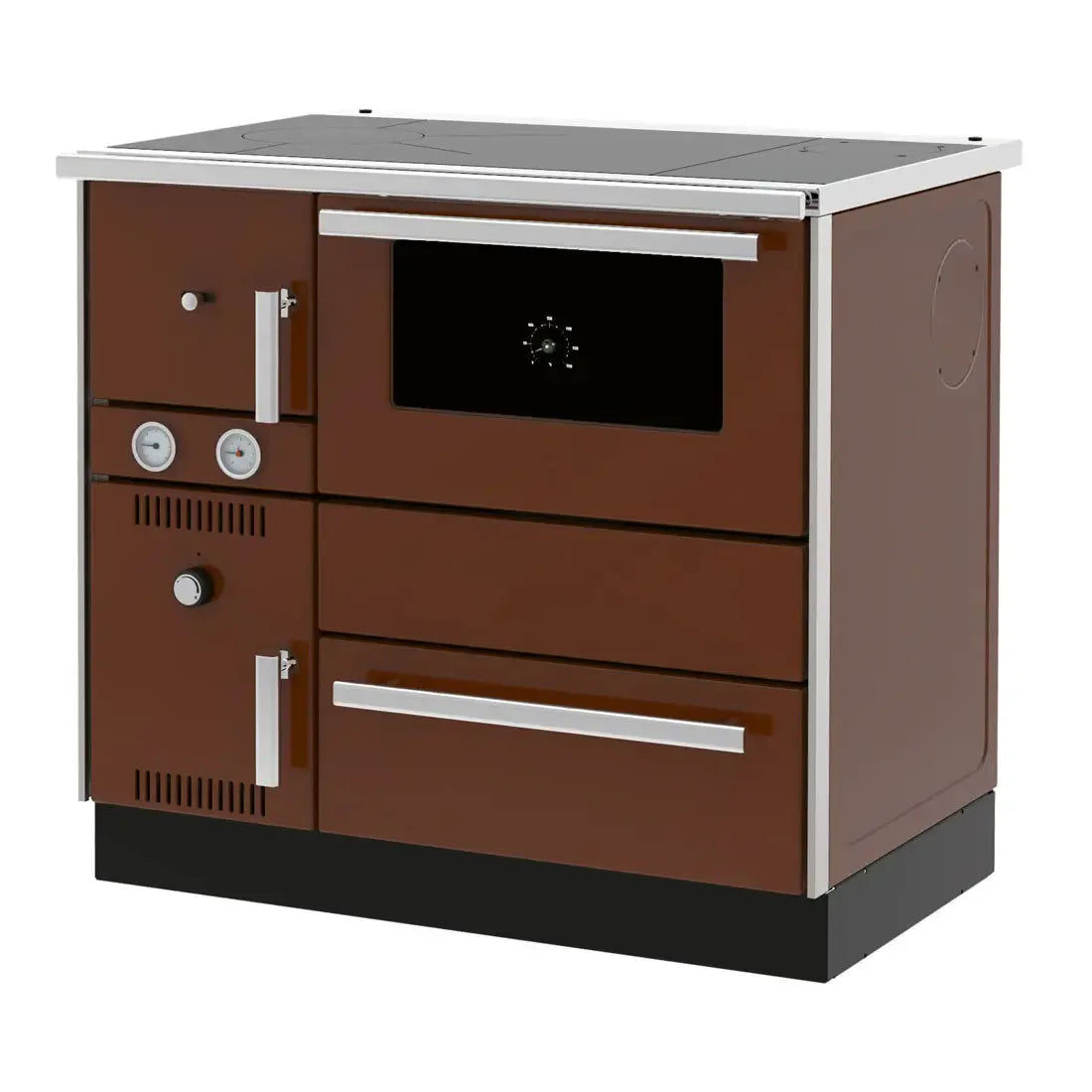 Bruine Alfa Plam Alfa Term 20 houtkachel met oven, thermometer en metalen handgrepen.