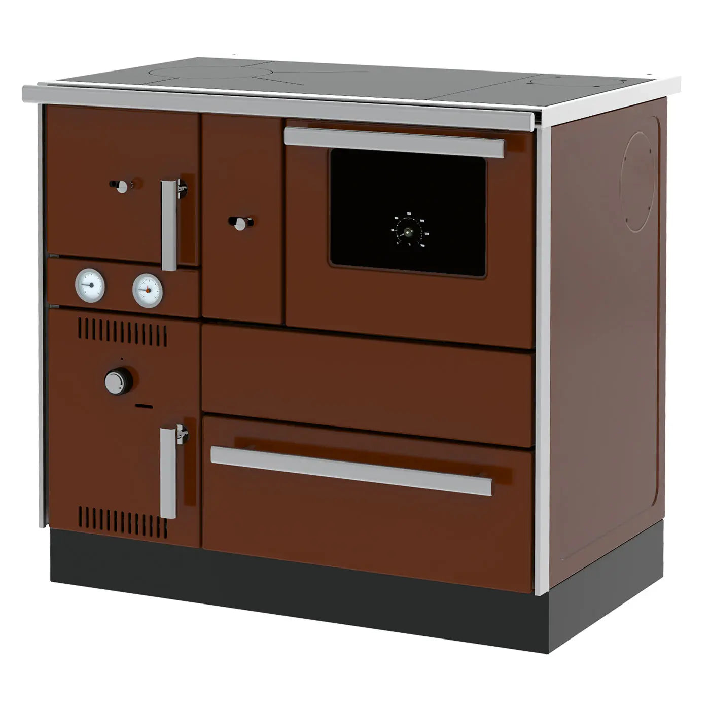 Bruine Alfa Plam Alfa Term 27 houtkachel met oven en kookplaat, voorzien van zilveren handgrepen.