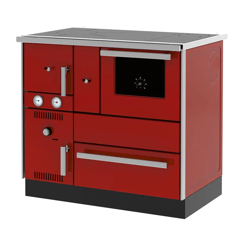 Rode Alfa Plam Alfa Term 27 houtkachel met oven, thermometer en bedieningsknoppen.